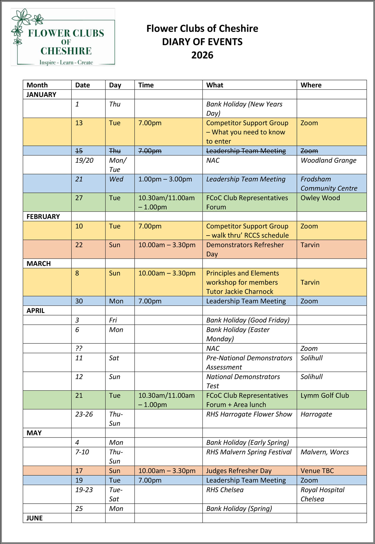 Flower School of Cheshire Meetings and diary of events