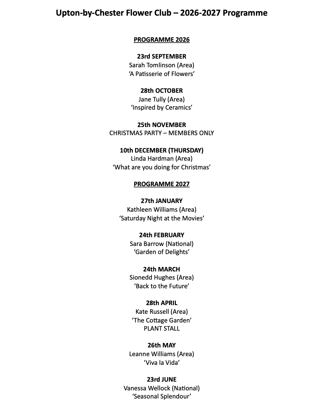 Upton-by-Chester 2026 to 2027 Programme Part 1